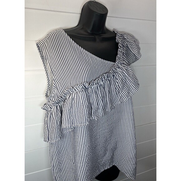 Symphony Asymmetrical Striped Ruffle Nautical Preppy Coastal Resort Womens Large - Picture 3 of 11